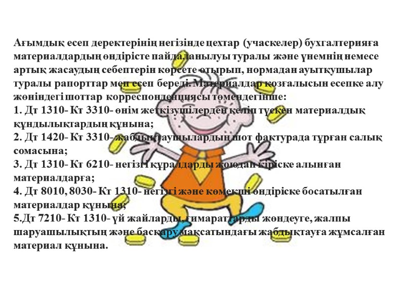 Ағымдық есеп деректерінің негізінде цехтар (учаскелер) бухгалтерияға материалдардың өндірісте пайдаланылуы туралы және үнемнің немесе